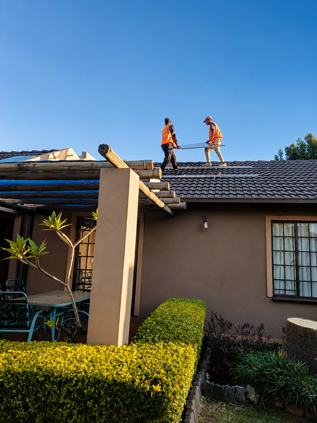 Solar installation team assessing roof space
